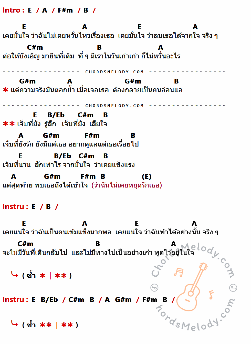 เนื้อเพลง เจ็บที่ยังรู้สึก ของ นนท์ ธนนท์ ที่มีคอร์ดกีต้าร์ E,A,F#m,B,C#m,G#m,B/Eb