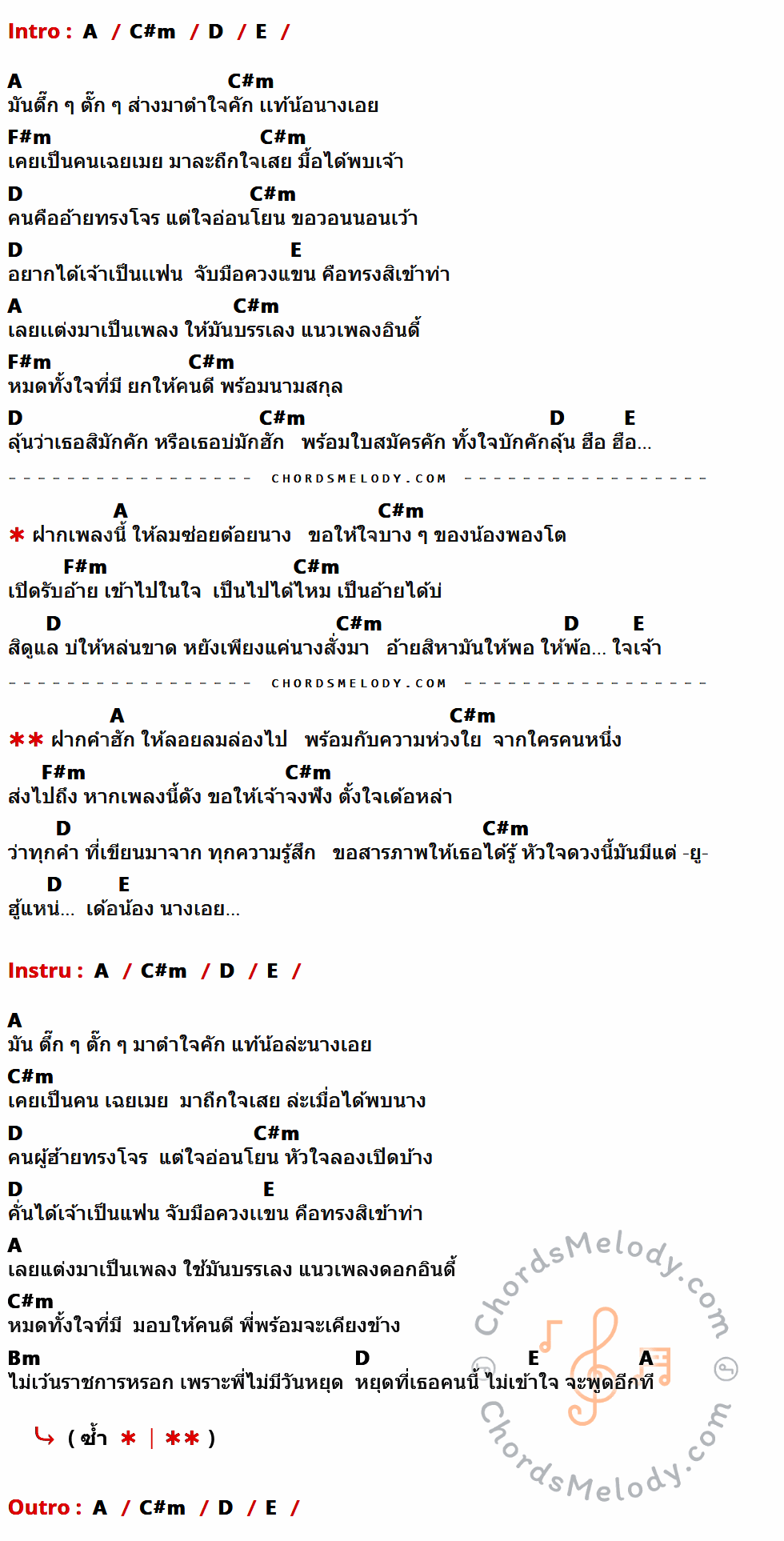 เนื้อเพลง นางเอย ของ แจ๋ม พลอยไพลิน ที่มีคอร์ดกีต้าร์ A,C#m,D,E,F#m,Bm