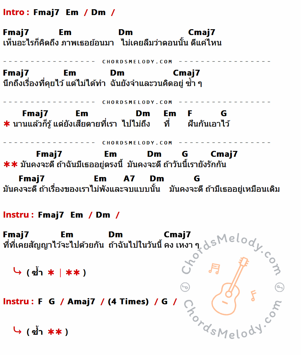 เนื้อเพลง มันคงจะดี ของ Ninew ที่มีคอร์ดกีต้าร์ Fmaj7,Em,Dm,Cmaj7,F,G,A7,Amaj7