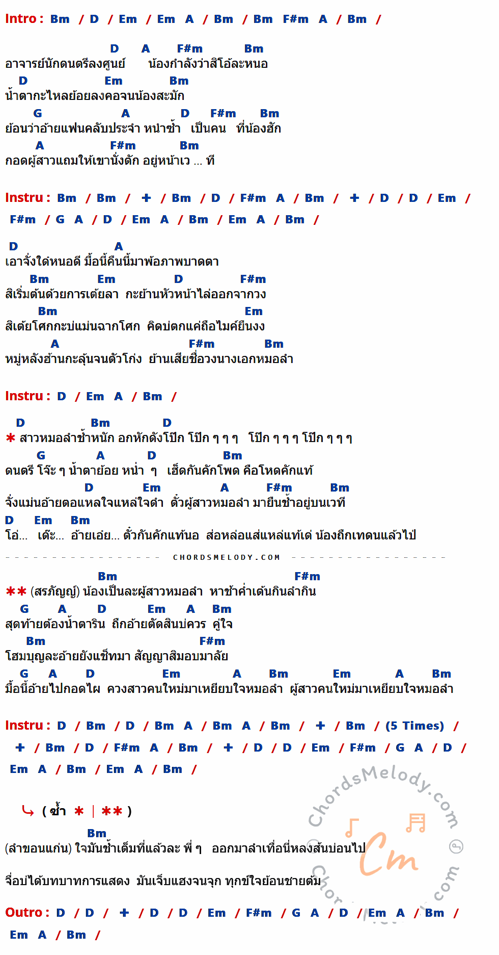 เนื้อเพลง น้ำตาย้อยโป๊ก ของ จินตหรา พูนลาภ ที่มีคอร์ดกีต้าร์ Bm,D,Em,A,F#m,G