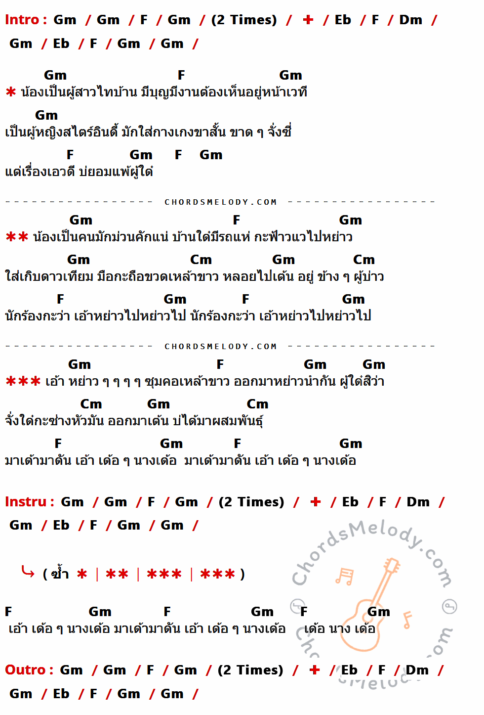 เนื้อเพลง ผู้สาวไทบ้านอินดี้ ของ ขันโตก ตัวเต็ง ที่มีคอร์ด ในกลุ่มคีย์ Gm,F,Eb,Dm,Cm ประกอบ