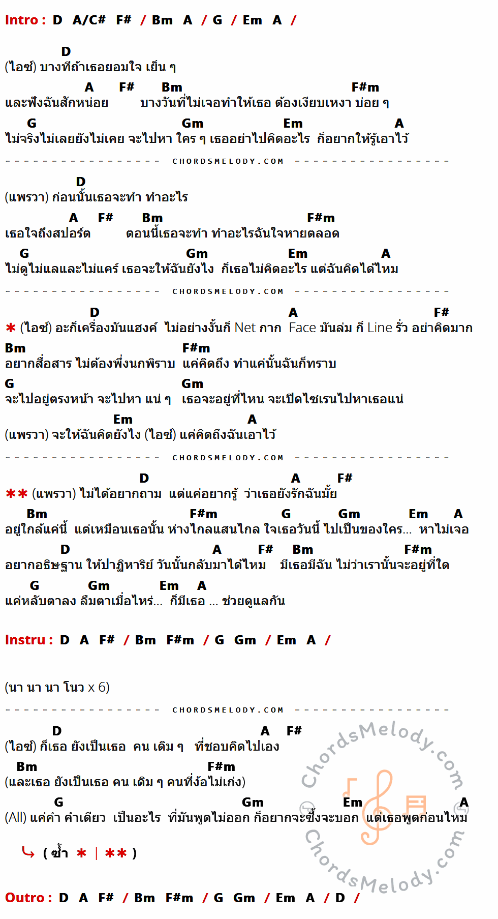 เนื้อเพลง รักติดไซเรน ของ ไอซ์ พาริส Feat. แพรวา ณิชาภัทร ที่มีคอร์ด ในกลุ่มคีย์ D,A/C#,F#,Bm,A,G,Em,F#m,Gm ประกอบ