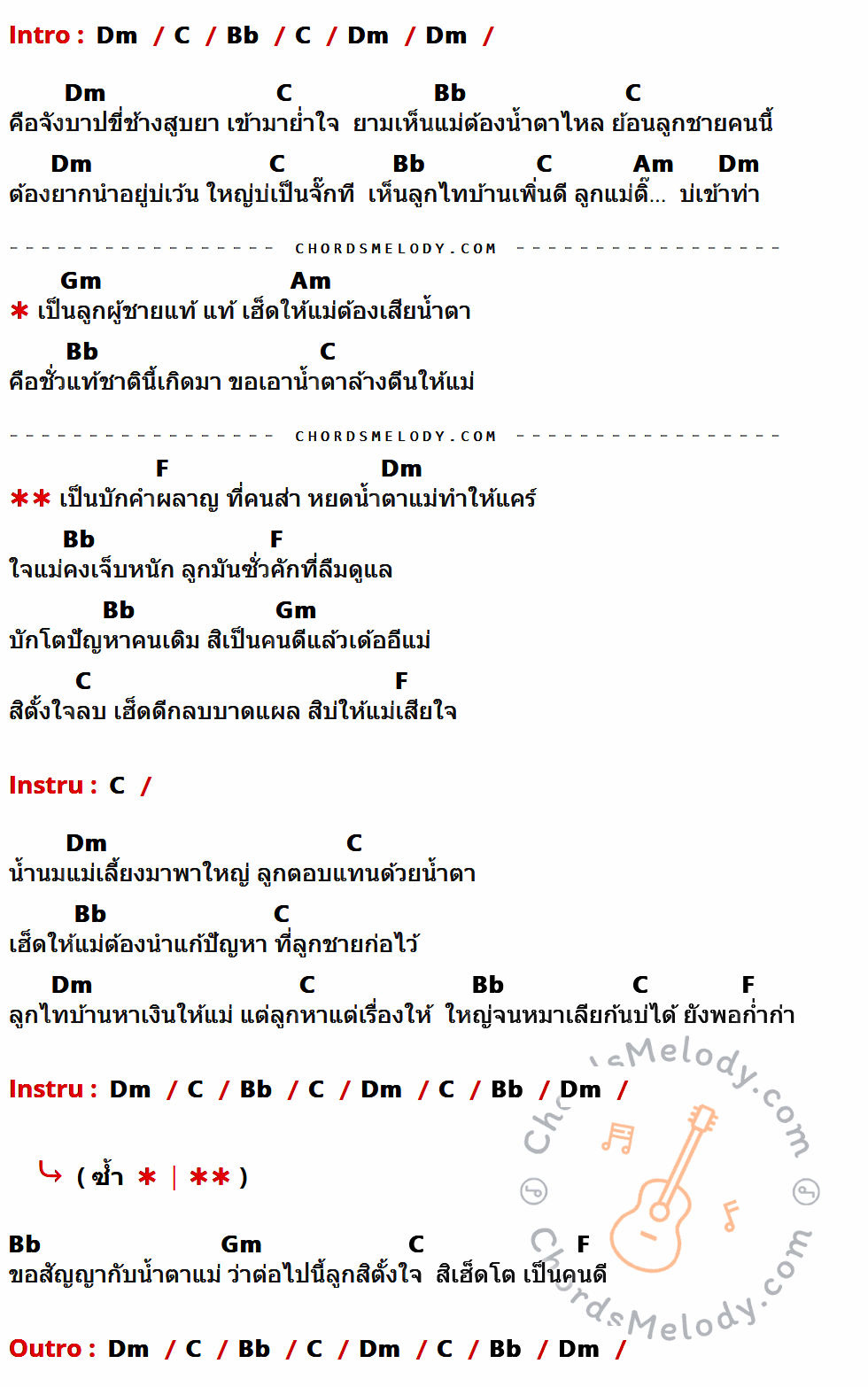 เนื้อเพลง สัญญาน้ำตาแม่ ของ มนต์แคน แก่นคูน ที่มีคอร์ดกีต้าร์ Dm,C,Bb,Am,Gm,F