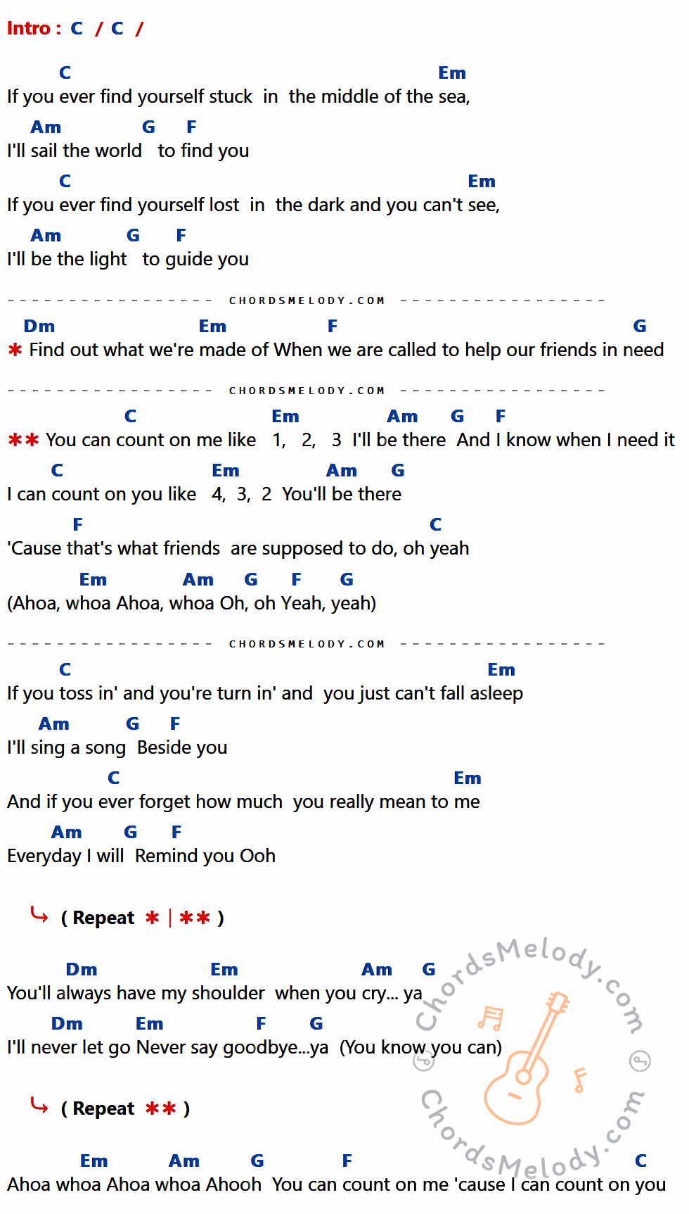 เนื้อเพลง Count on Me ของ Bruno Mars ที่มีคอร์ด ในกลุ่มคีย์ C,Em,Am,G,F,Dm ประกอบ