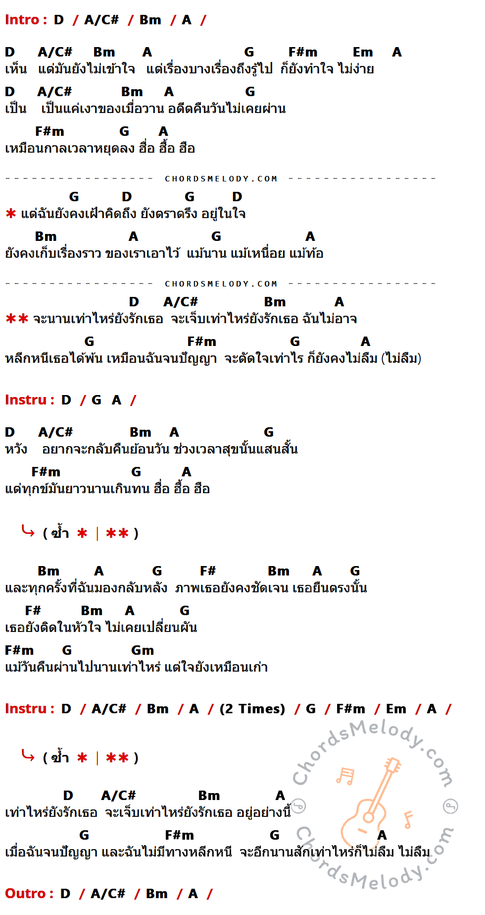 เนื้อเพลง เงาของเมื่อวาน ของ Cocktail ที่มีคอร์ด ในกลุ่มคีย์ D,A/C#,Bm,A,G,F#m,Em,F#,Gm ประกอบ