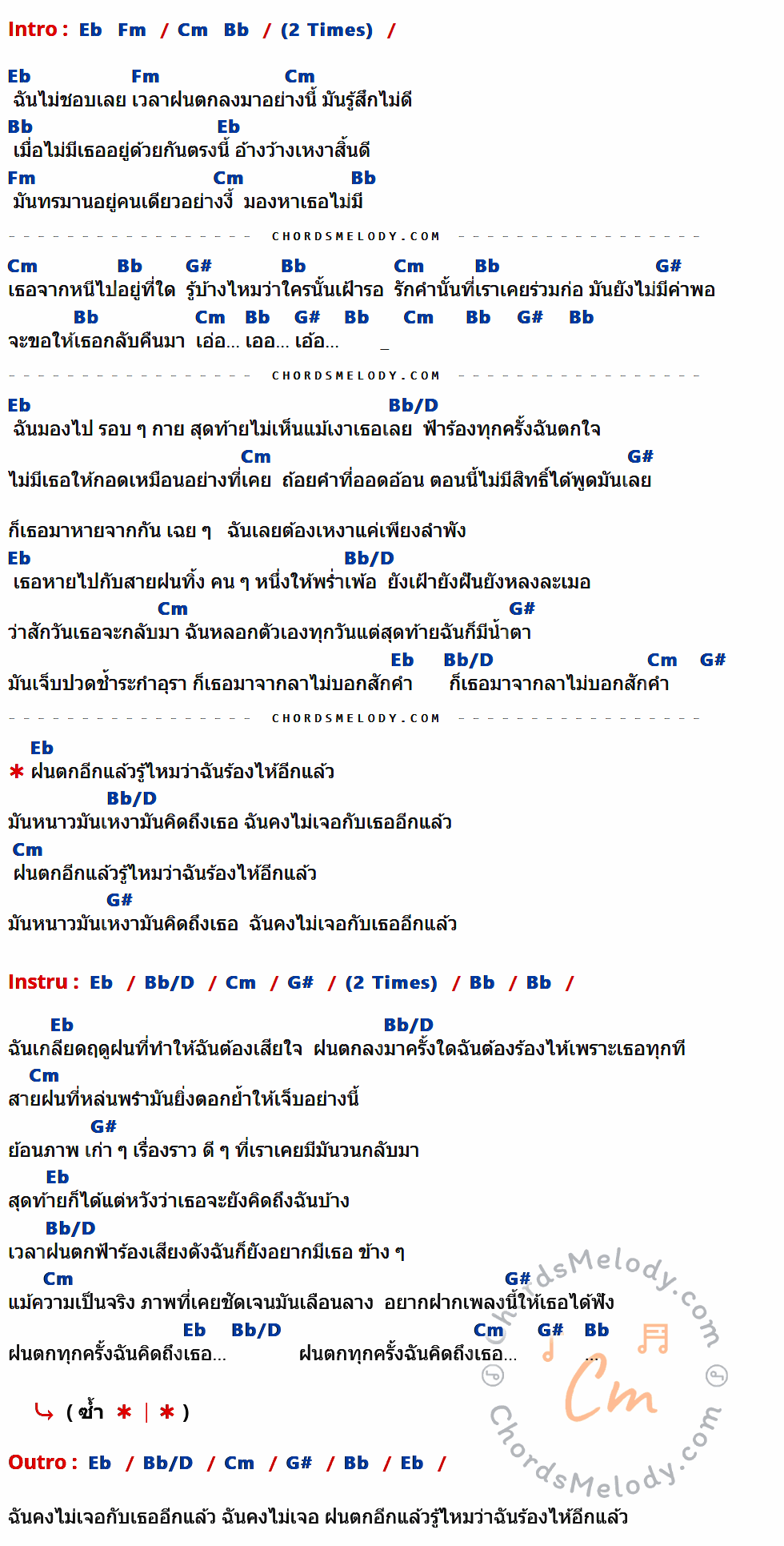 เนื้อเพลง ฝนตกอีกแล้ว ของ ปราง ปรางทิพย์ ที่มีคอร์ดกีต้าร์ Eb,Fm,Cm,Bb,G#,Bb/D