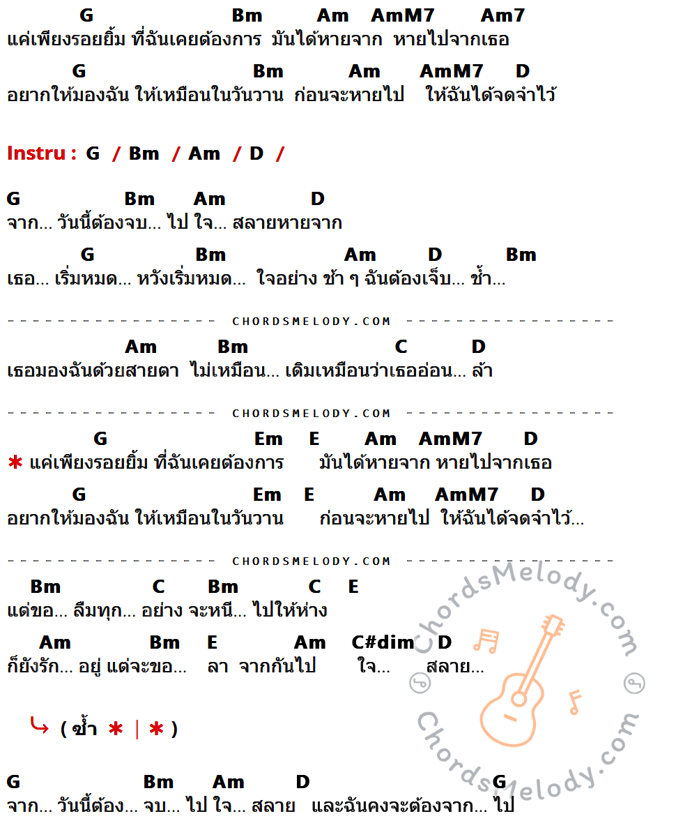 เนื้อเพลง ใจสลาย (JAI 0) ของ Whal ที่มีคอร์ด ในกลุ่มคีย์ G,Bm,Am,AmM7,Am7,D,C,Em,E,C#dim ประกอบ