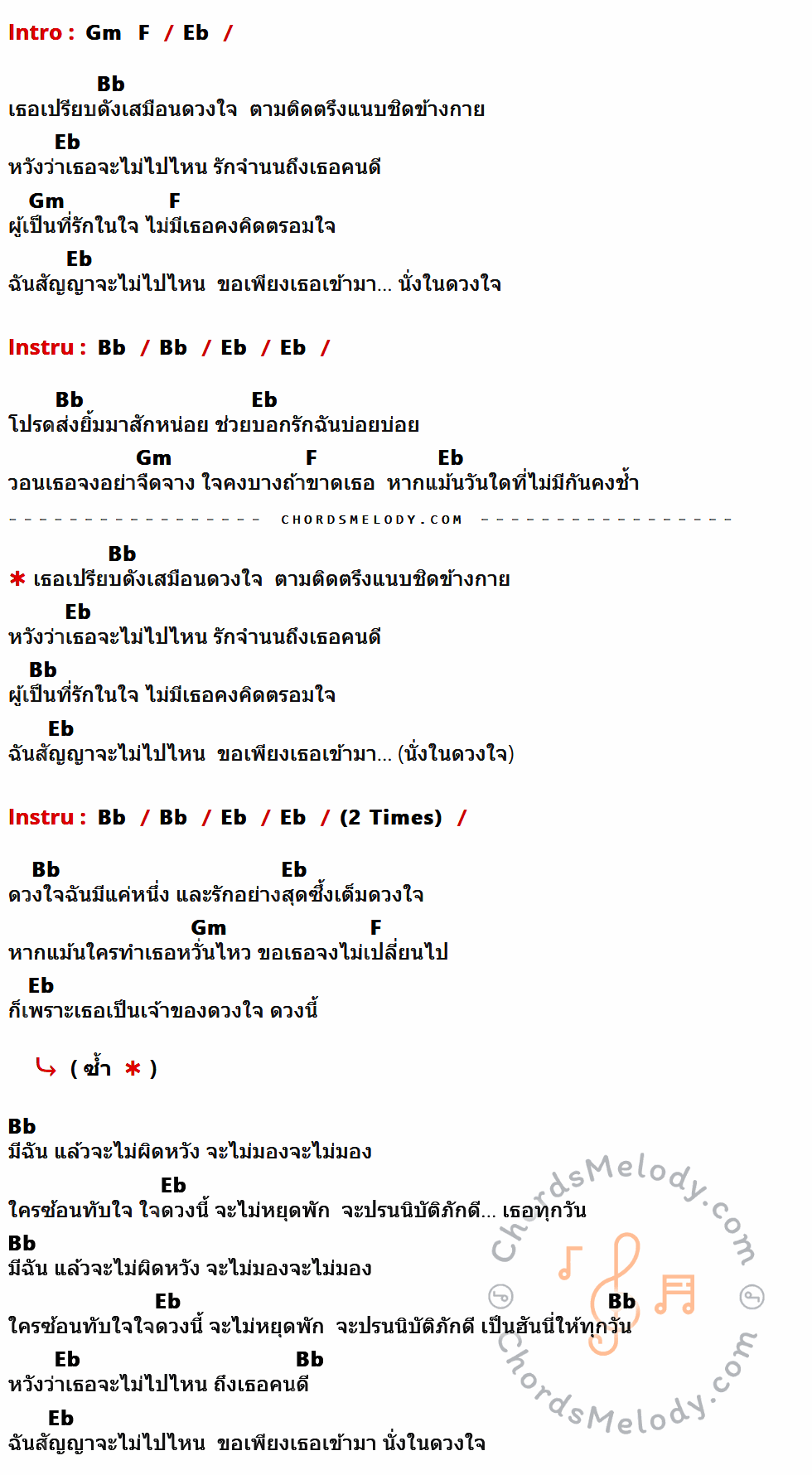 เนื้อเพลง ดวงใจ ของ Palmy ที่มีคอร์ด ในกลุ่มคีย์ Gm,F,Eb,Bb ประกอบ