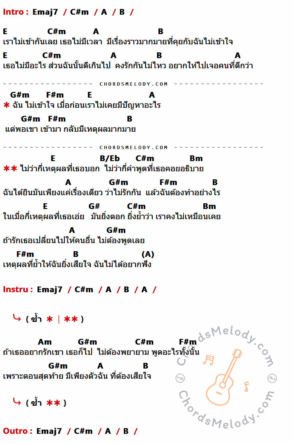 เนื้อเพลง ไม่อยากฟัง ของ Serious Bacon ที่มีคอร์ดกีต้าร์ Emaj7,C#m,A,B,E,G#m,F#m,B/Eb,Bm,G#,Am