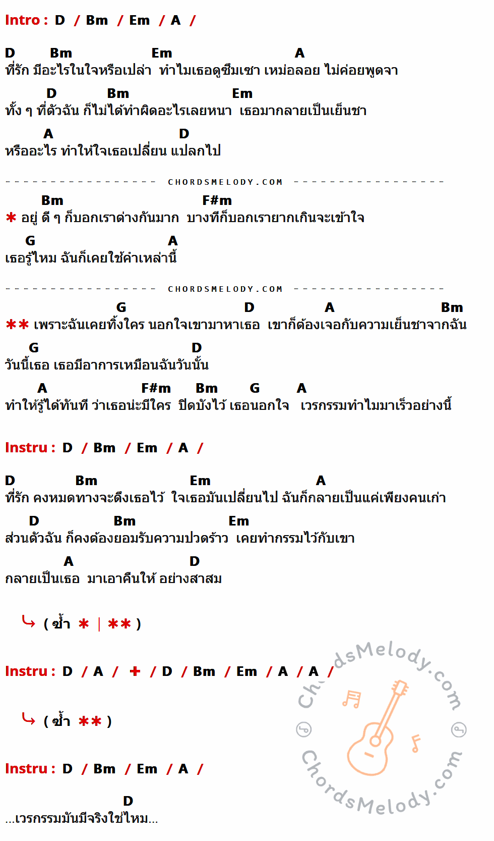 เนื้อเพลง กรรม ของ ป้าง นครินทร์ ที่มีคอร์ด ในกลุ่มคีย์ D,Bm,Em,A,F#m,G ประกอบ