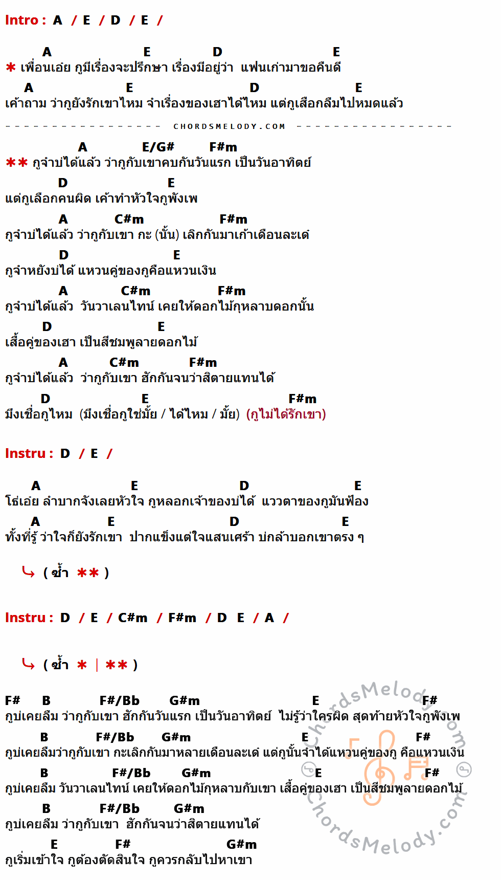 เนื้อเพลง กูลืมเขาแล้ว ของ เบิ้ล ปทุมราช ที่มีคอร์ด ในกลุ่มคีย์ A,E,D,E/G#,F#m,C#m,F#,B,F#/Bb,G#m ประกอบ
