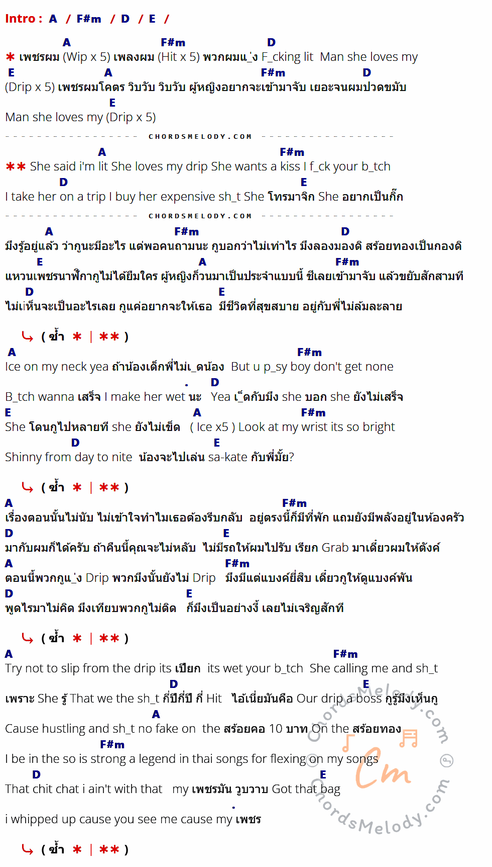 เนื้อเพลง Wip Wup (วิบวับ) ของ Mindset x Daboyway x Younggu x Diamond ที่มีคอร์ด ในกลุ่มคีย์ A,F#m,D,E ประกอบ