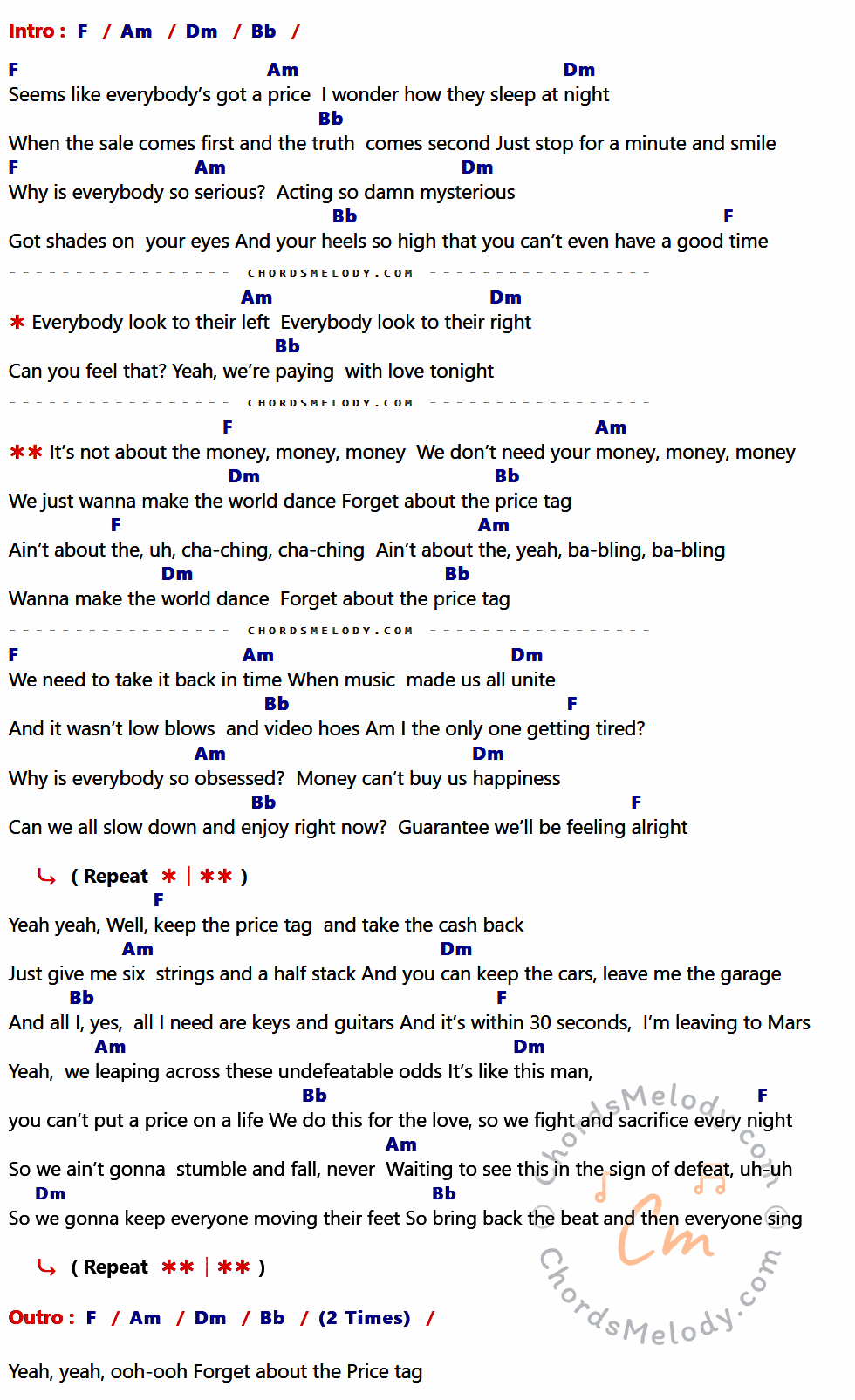 เนื้อเพลง Price Tag ของ Jessie J Feat. B.o.B ที่มีคอร์ด ในกลุ่มคีย์ F,Am,Dm,Bb ประกอบ