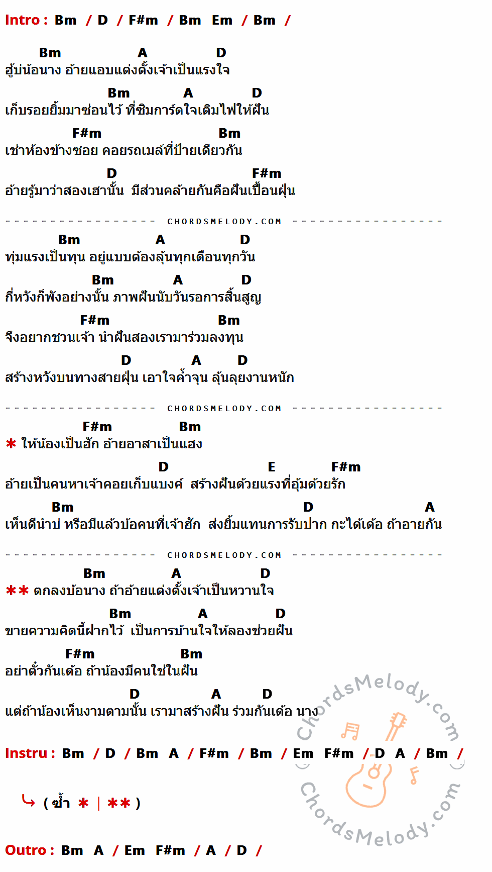 เนื้อเพลง สร้างฝันด้วยกันบ่ ของ มนต์แคน แก่นคูน ที่มีคอร์ด ในกลุ่มคีย์ Bm,D,F#m,Em,A,E ประกอบ