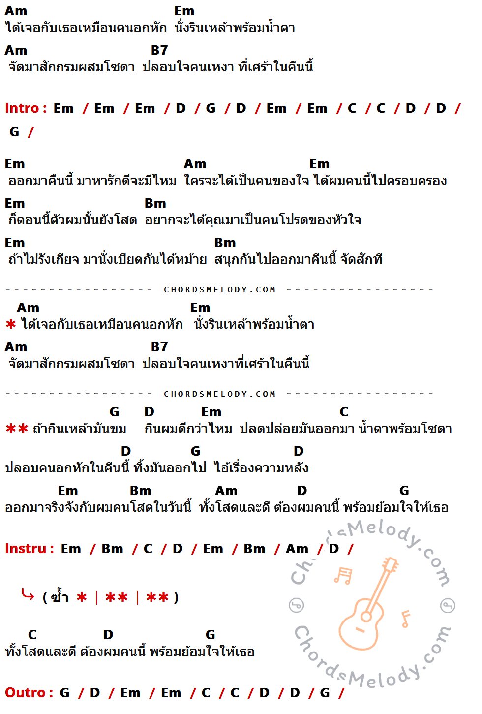 เนื้อเพลง กินเหล้ามันขม กินผมดีมั๊ย ของ ฟลุ๊คกะปาล์ม ได้หมดถ้าสดชื่น มีคอร์ดกีต้าร์ ในคีย์ที่ต่างกัน Em,Bm,F#7,A,D,G,F#m