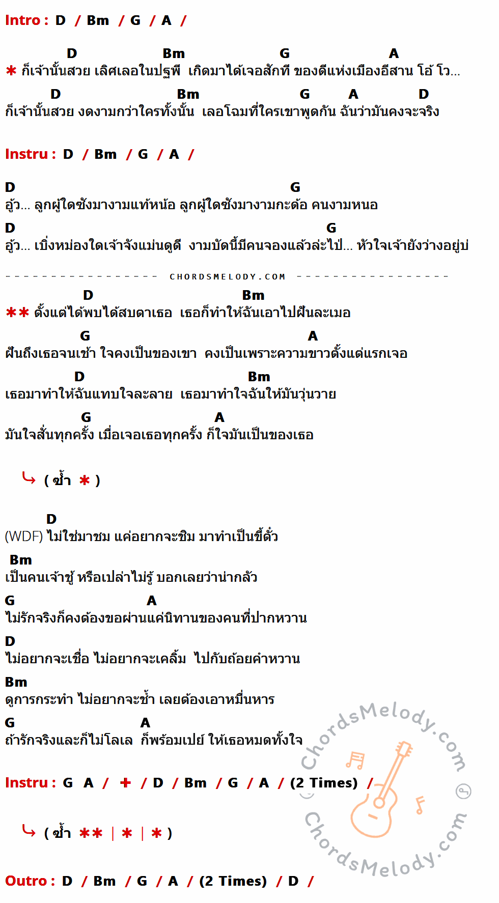 เนื้อเพลง เลอโฉม ของ ลำเพลิน วงศกร feat. WonderFrame มีคอร์ดกีต้าร์ ในคีย์ที่ต่างกัน D,Bm,G,A