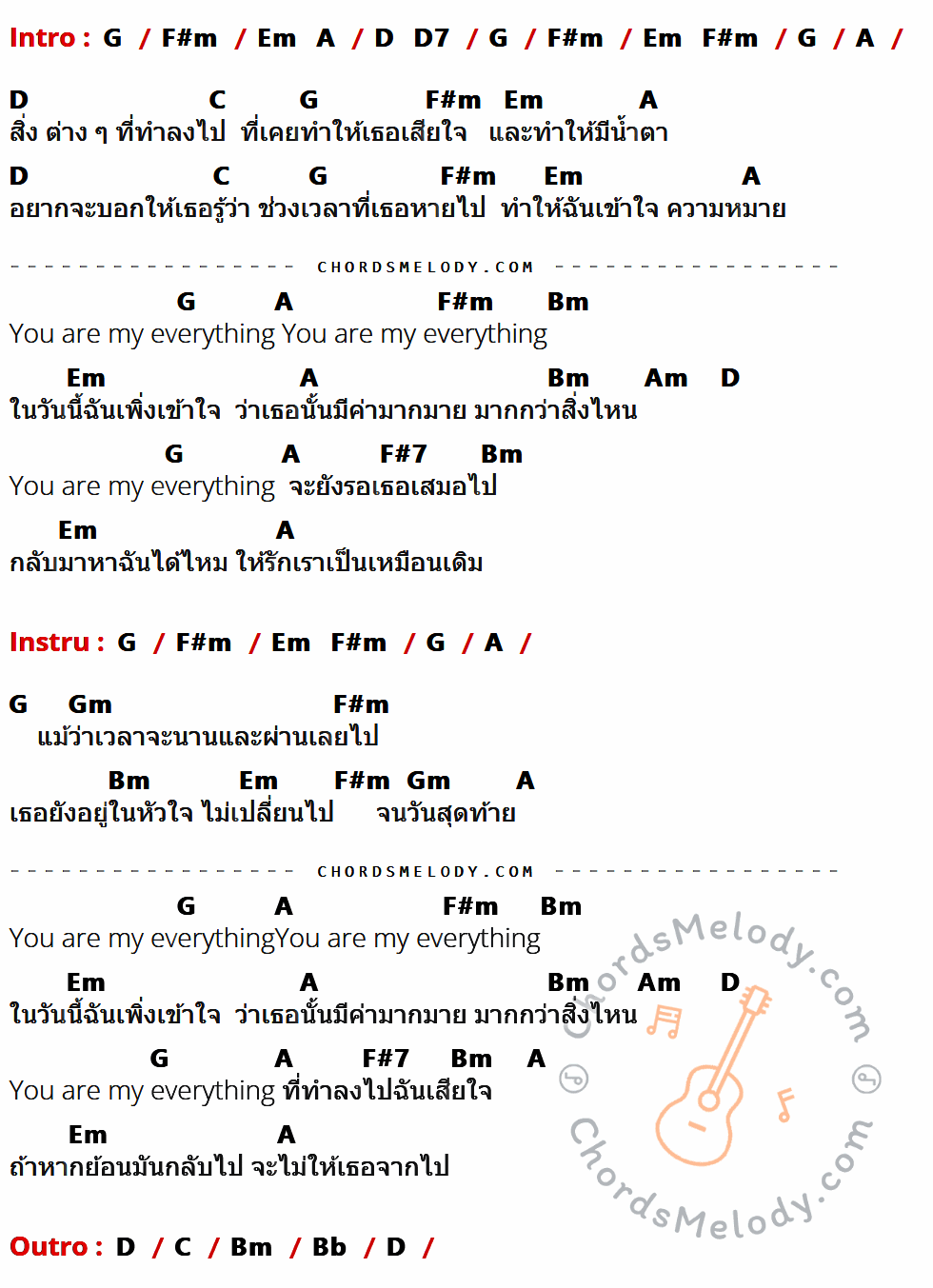 เนื้อเพลง You Are My Everything ของ บิวกิ้น มีคอร์ดกีต้าร์ ในคีย์ที่ต่างกัน G,F#m,Em,A,D,D7,C,Bm,Am,F#7,Gm,Bb