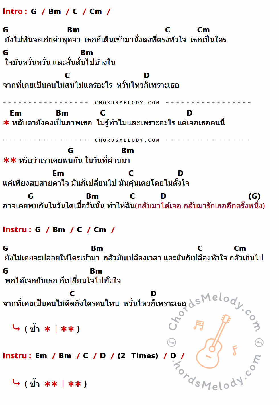 เนื้อเพลง หรือเราเคยพบกัน ของ บุ๋น นพณัฐ กันทะชัย มีคอร์ดกีต้าร์ ในคีย์ที่ต่างกัน G,Bm,C,Cm,D,Em