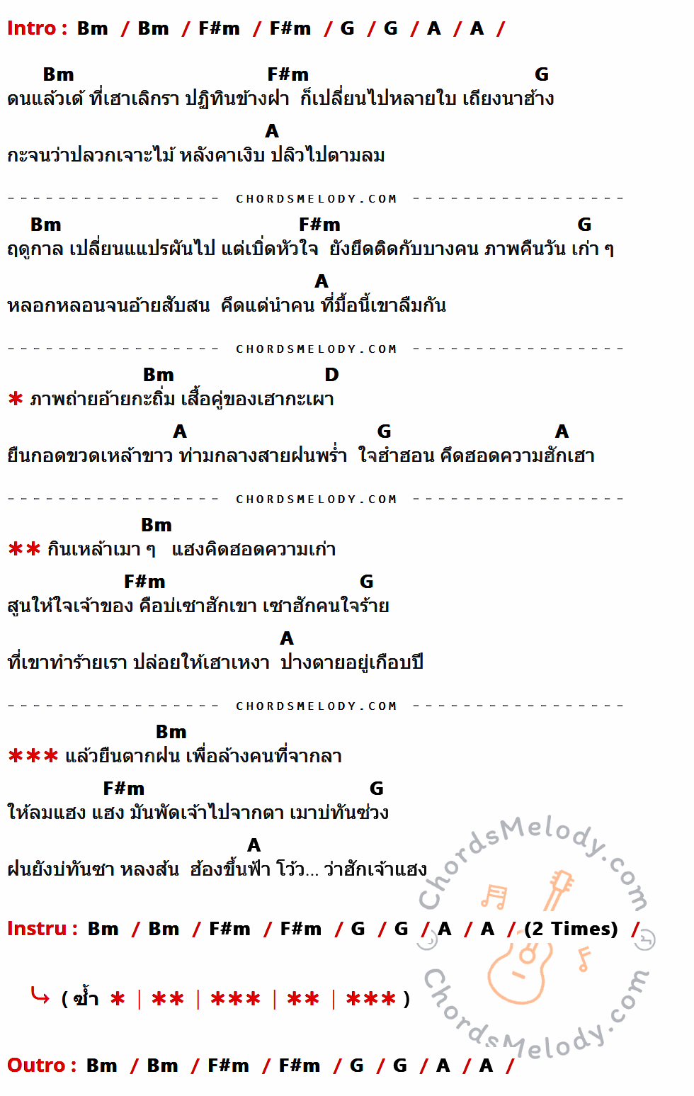 คอร์ดเพลง ฮักเจ้าแฮง - เนม สุรพงศ์ เนื้อร้อง มีคอร์ดกีต้าร์ ในกลุ่มคีย์ Bm,F#m,G,A,D กำกับ
