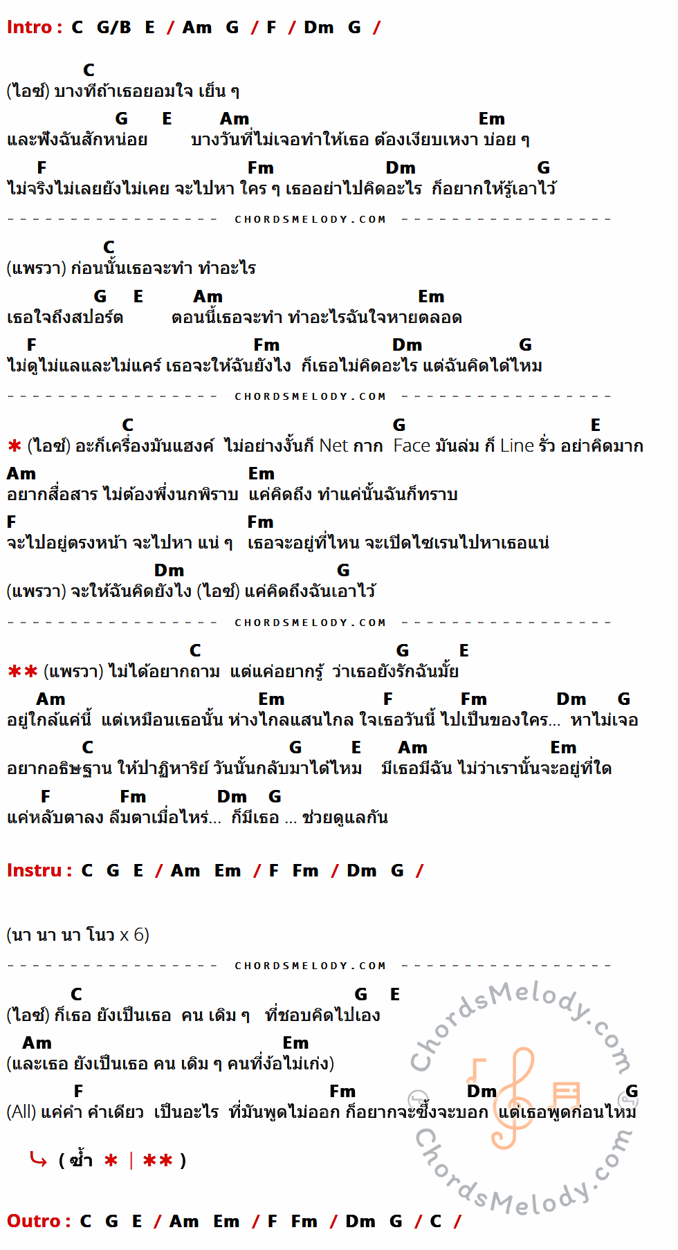 เนื้อเพลง รักติดไซเรน ของ ไอซ์ พาริส Feat. แพรวา ณิชาภัทร มีคอร์ดกีต้าร์ ในคีย์ที่ต่างกัน G,D/F#,B,Em,D,C,Am,Bm,Cm