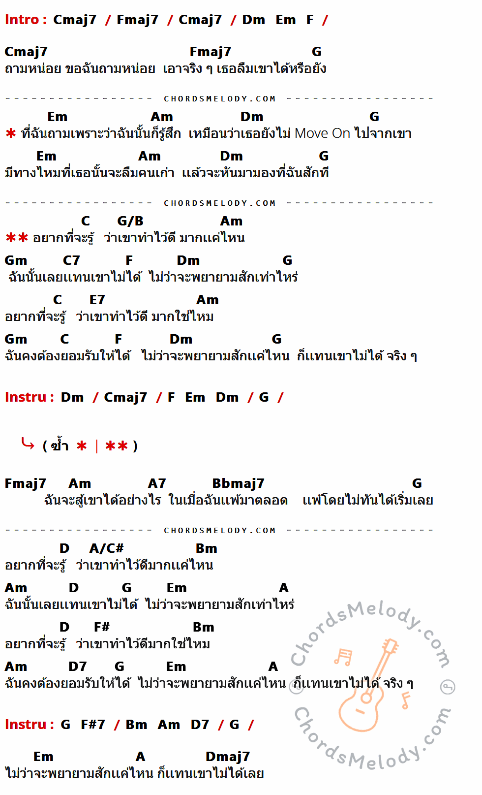 เนื้อเพลง คนเก่าเขาทำไว้ดี ของ Chilling Sunday มีคอร์ดกีต้าร์ ในคีย์ที่ต่างกัน Gmaj7,Cmaj7,Am,Bm,C,D,Em,G,D/F#,Dm,G7,B7,E7,Fmaj7,A,E/G#,F#m,E,C#,A7,C#7,Amaj7