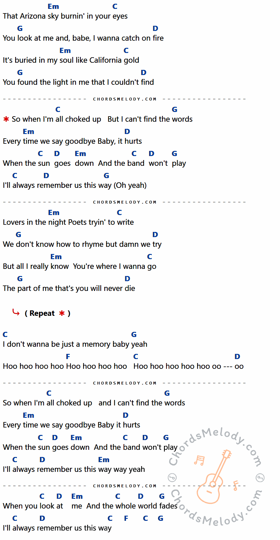 เนื้อเพลง Always Remember Us This Way ของ Lady Gaga มีคอร์ดกีต้าร์ ในคีย์ที่ต่างกัน Em,C,G,D,F