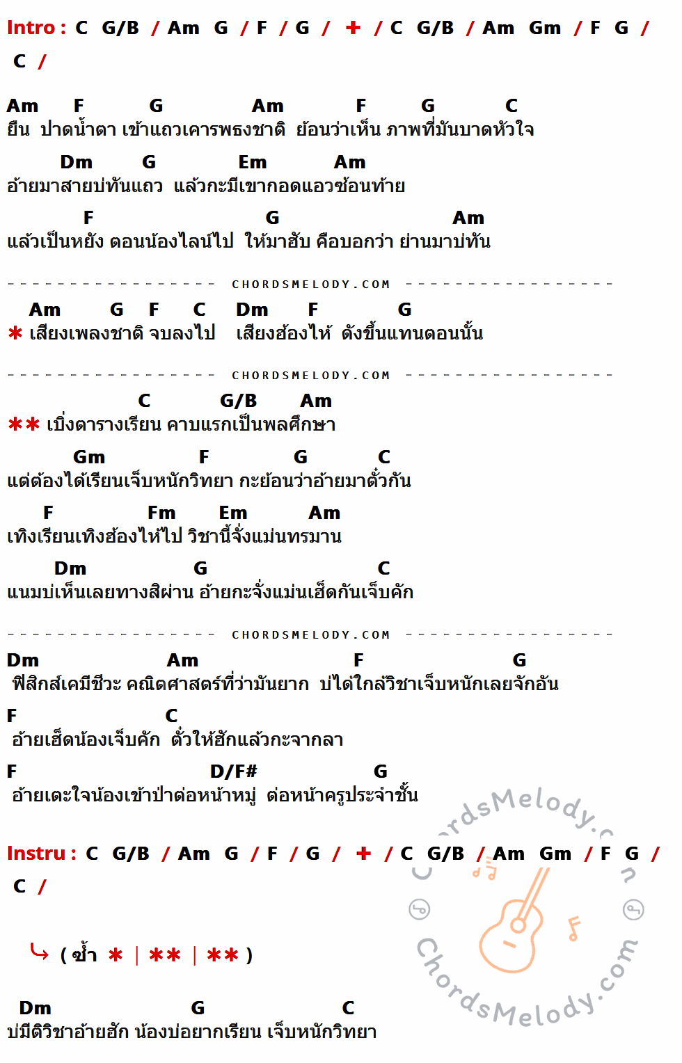 เนื้อเพลง เจ็บหนักวิทยา ของ เบลล์ นิภาดา มีคอร์ดกีต้าร์ ในคีย์ที่ต่างกัน G,D/F#,Em,D,C,Dm,Am,Bm,Cm,A/C#