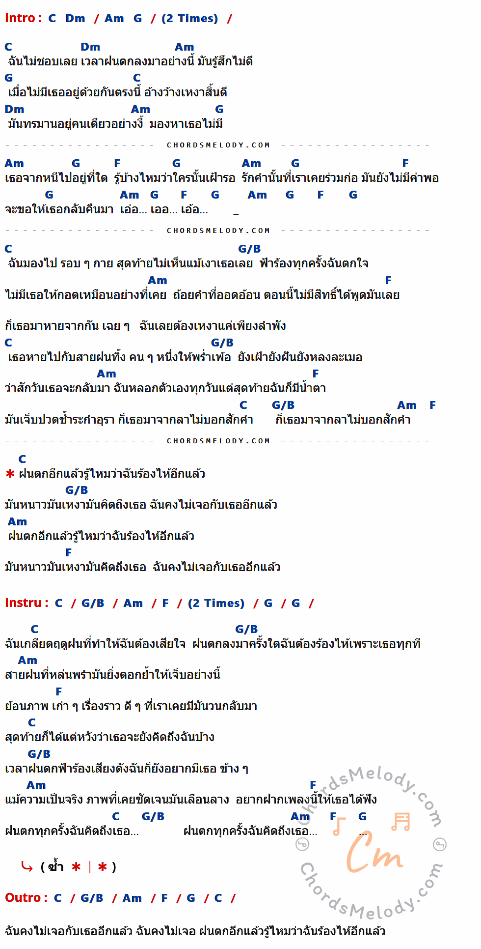 เนื้อเพลง ฝนตกอีกแล้ว ของ ปราง ปรางทิพย์ มีคอร์ดกีต้าร์ ในคีย์ที่ต่างกัน G,Am,Em,D,C,D/F#