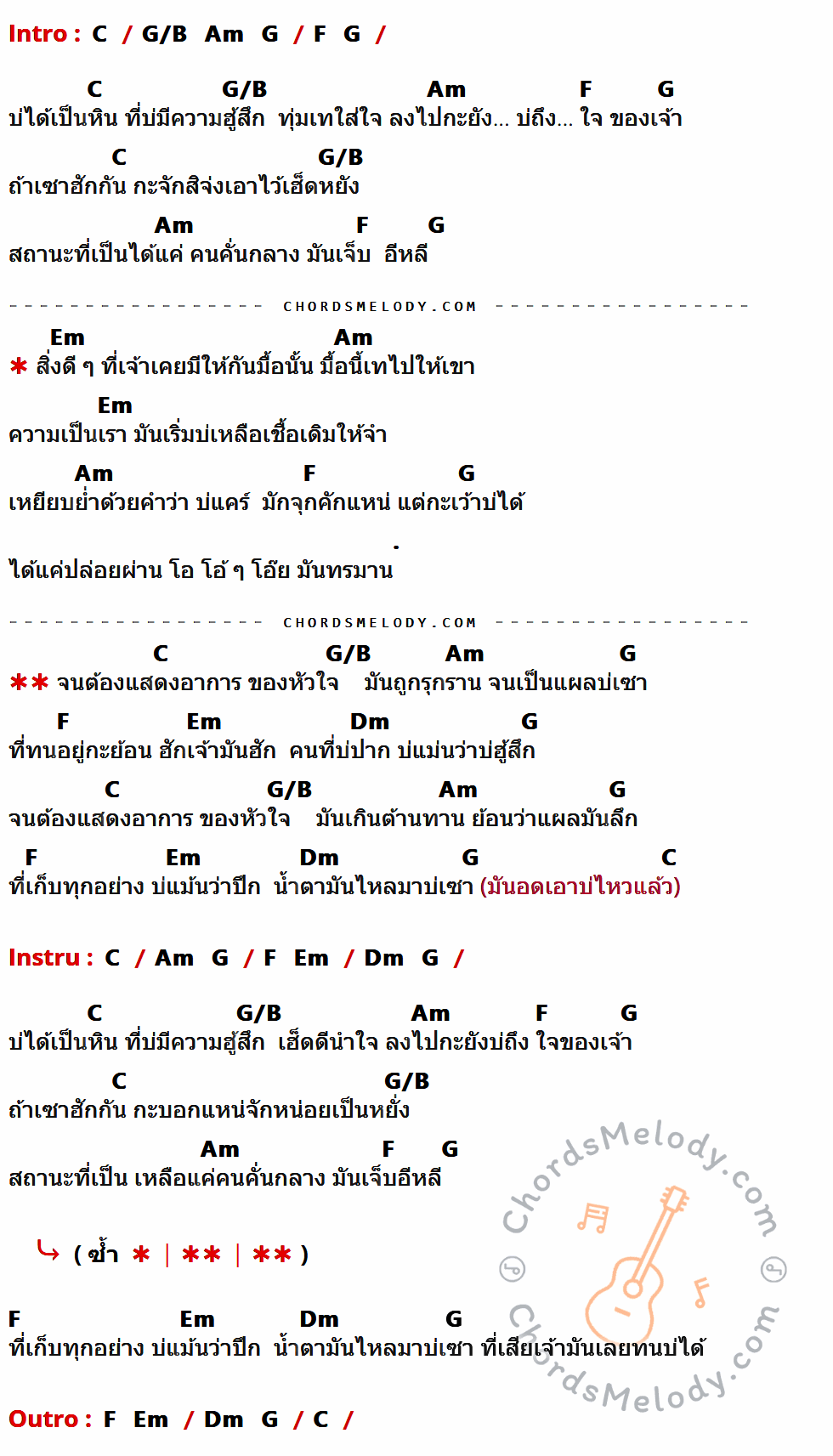 เนื้อเพลง แสดงอาการ ของ เม้ก อภิสิทธิ์ มีคอร์ดกีต้าร์ ในคีย์ที่ต่างกัน G,D/F#,Em,D,C,Bm,Am