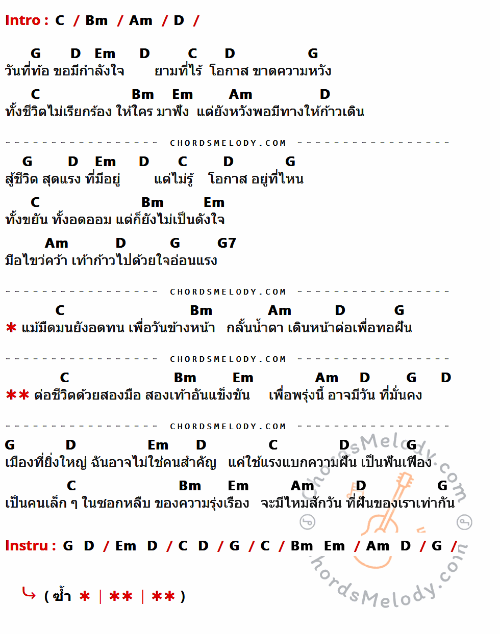 คอร์ดเพลง โอกาส (เพลงประกอบสารคดีชุด คนจนเมือง) - ศิริวรรณ เทพอาพร เนื้อร้อง มีคอร์ดกีต้าร์ ในกลุ่มคีย์ C,Bm,Am,D,G,Em,G7 กำกับ