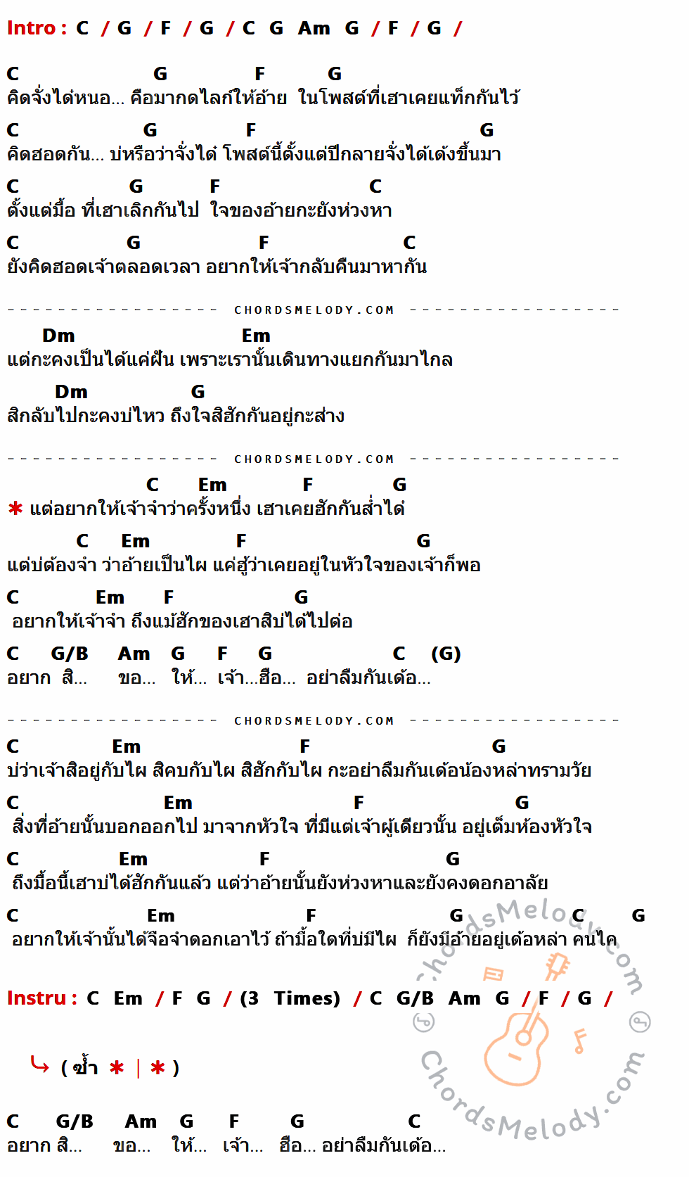 เนื้อเพลง อย่าลืมกันเด้อ ของ ลำเพลิน วงศกร มีคอร์ดกีต้าร์ ในคีย์ที่ต่างกัน G,D,C,Em,Am,Bm,D/F#