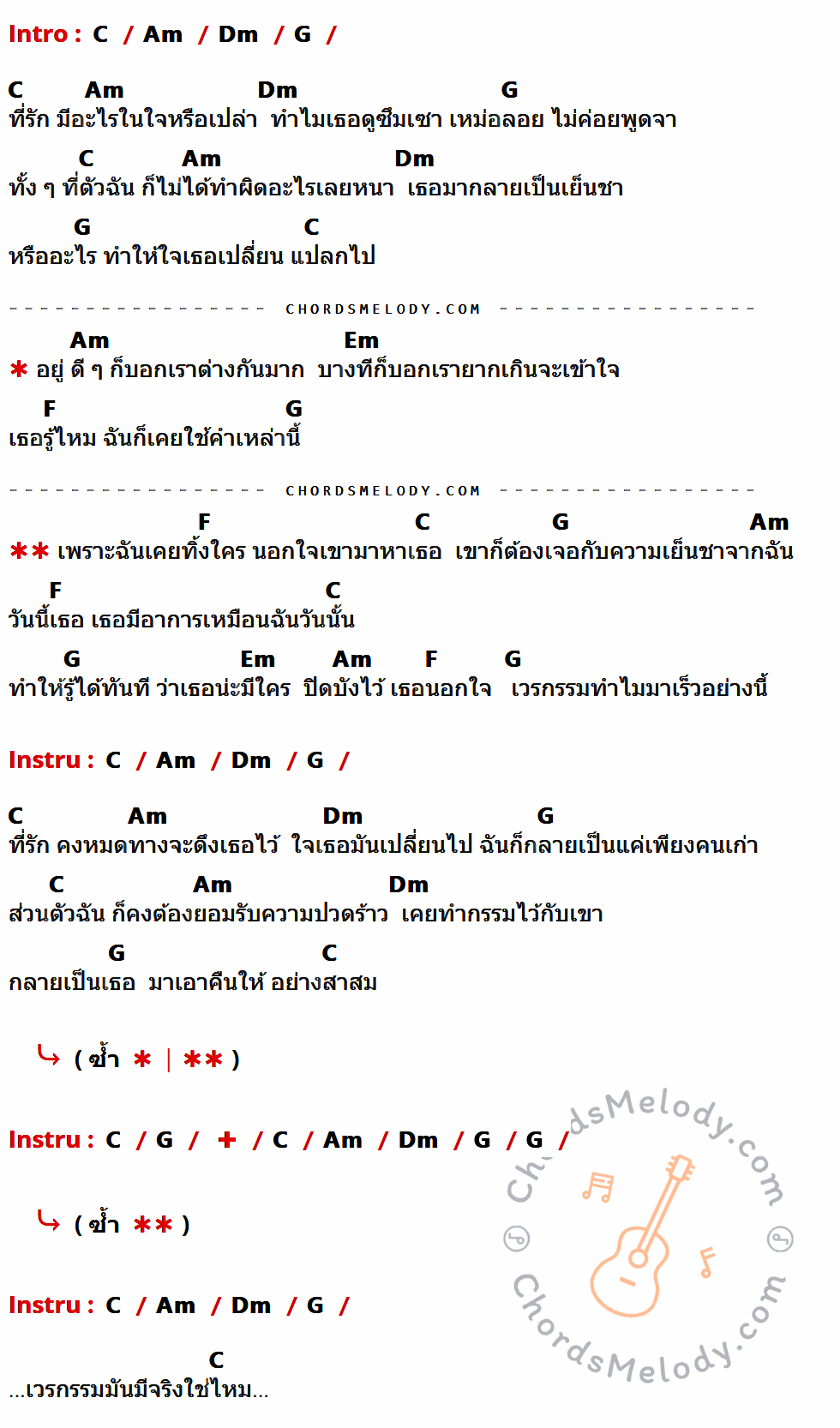 เนื้อเพลง กรรม ของ ป้าง นครินทร์ มีคอร์ดกีต้าร์ ในคีย์ที่ต่างกัน G,Em,Am,D,Bm,C