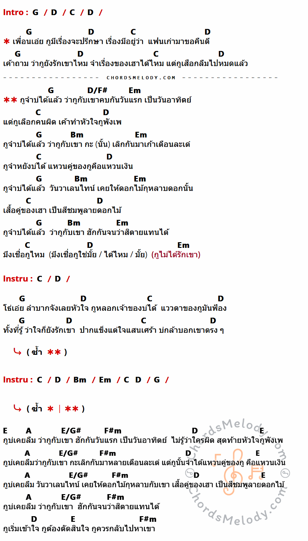 คอร์ดเพลง กูลืมเขาแล้ว - เบิ้ล ปทุมราช เนื้อร้อง มีคอร์ดกีต้าร์ ในกลุ่มคีย์ G,D,C,D/F#,Em,Bm,E,A,E/G#,F#m กำกับ