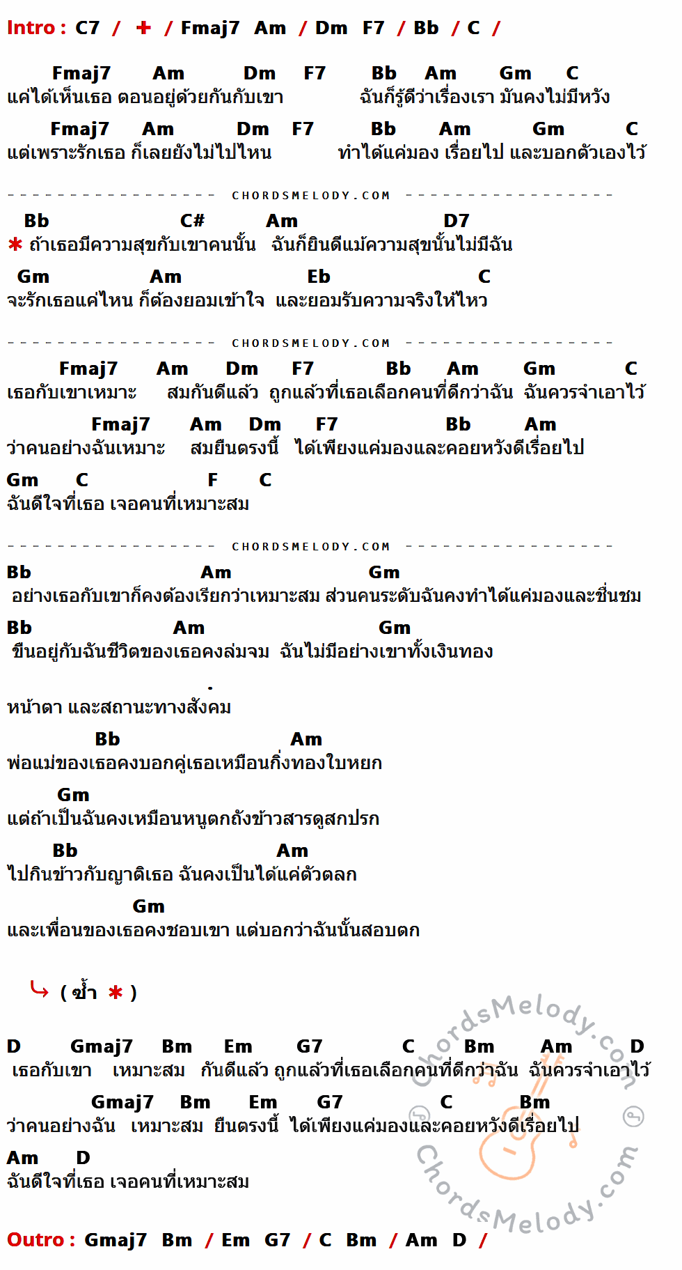 คอร์ดเพลง เหมาะสม (Perfect Match) - Mean เนื้อร้อง มีคอร์ดกีต้าร์ ในกลุ่มคีย์ C7,Bb,C,Fmaj7,Am,Dm,F7,Gm,C#,D7,Eb,F,D,Gmaj7,Bm,Em,G7 กำกับ