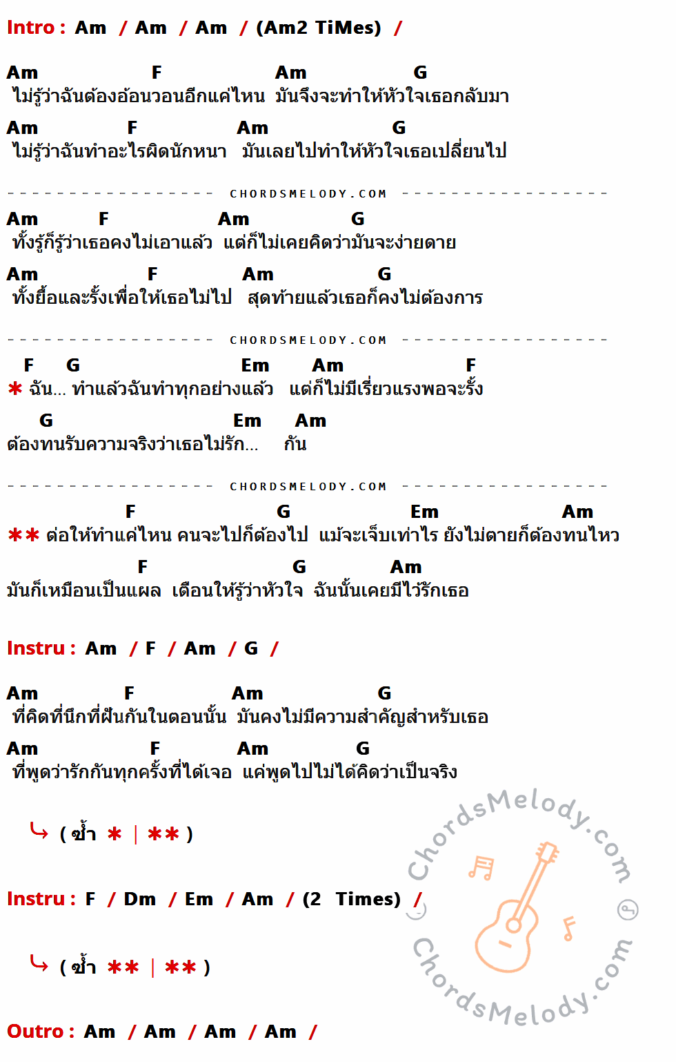 คอร์ดเพลง แผล - Indigo เนื้อร้อง มีคอร์ดกีต้าร์ ในกลุ่มคีย์ Am,F,G,Em,Dm กำกับ
