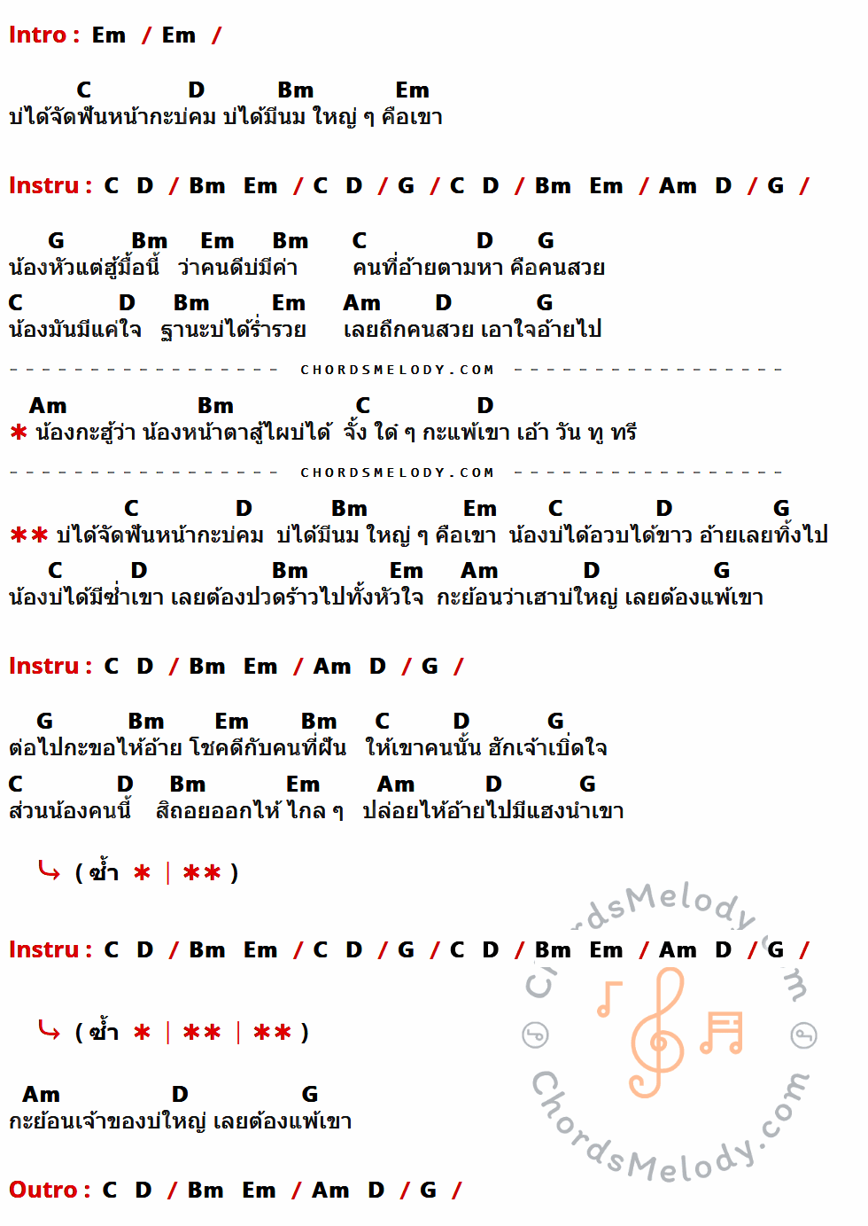 คอร์ดเพลง พ่ายนม - ขันโตก ตัวเต็ง เนื้อร้อง มีคอร์ดกีต้าร์ ในกลุ่มคีย์ Em,C,D,Bm,G,Am กำกับ