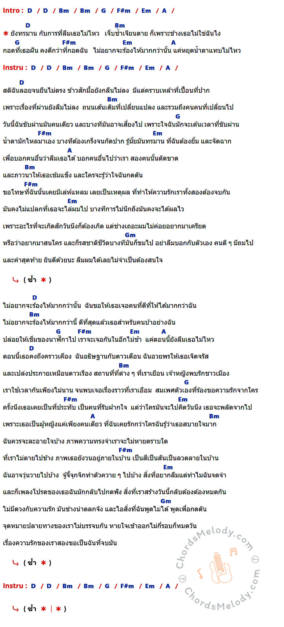 เนื้อเพลง ลืมแทบไม่ไหว ของ SARAN x Maimhon ที่มีคอร์ดกีต้าร์ D,Bm,G,F#m,Em,A,Gm