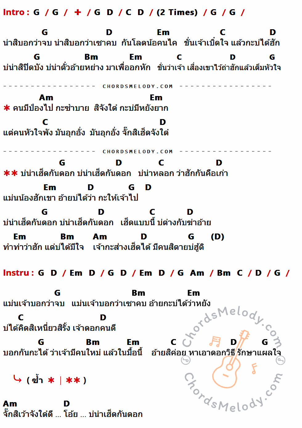 เนื้อเพลง บ่น่าเฮ็ดกันดอก ของ แสน นากา ที่มีคอร์ดกีต้าร์ G,D,C,Em,Bm,Am