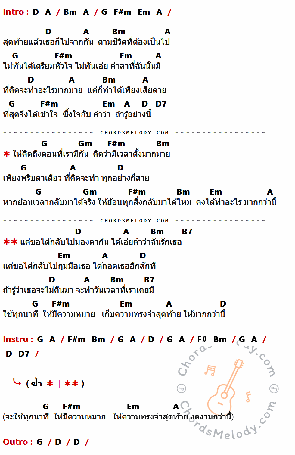 เนื้อเพลง ถ้ารู้อย่างนี้ ของ Big Ass ที่มีคอร์ดกีต้าร์ D,A,Bm,G,F#m,Em,D7,Gm,B7,F#