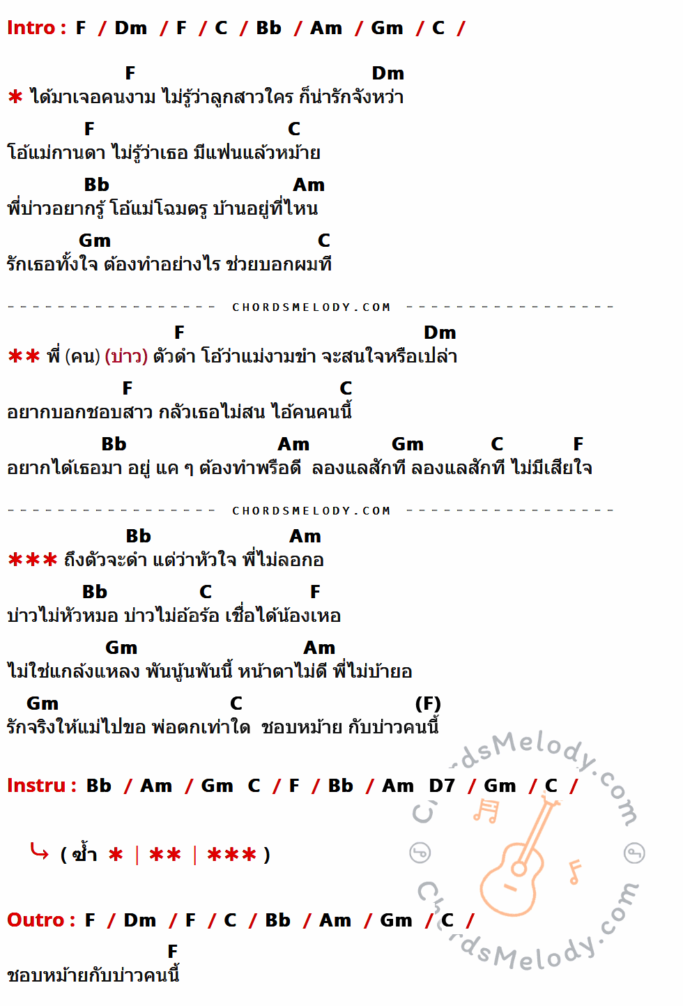 เนื้อเพลง ชอบหม้ายกับบ่าวคนนี้ ของ หนวด จิรภัทร Feat. นิล แทมมะริน ที่มีคอร์ด ในกลุ่มคีย์ F,Dm,C,Bb,Am,Gm,D7 ประกอบ