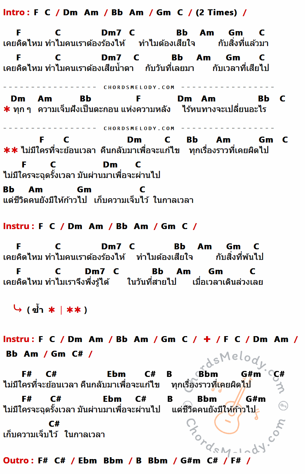 เนื้อเพลง เวลา ของ อู๋ ธรรพ์ณธร ที่มีคอร์ด ในกลุ่มคีย์ F,C,Dm,Am,Bb,Gm,Dm7,C#,F#,Ebm,B,Bbm,G#m ประกอบ