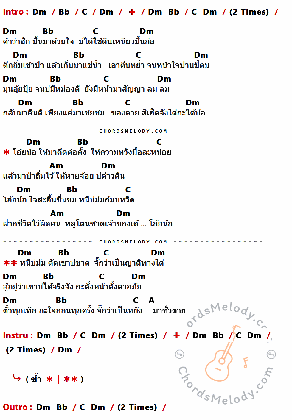 เนื้อเพลง หนีบ่ม้ม ของ มนต์แคน แก่นคูน ที่มีคอร์ดกีต้าร์ Dm,Bb,C,Am,A