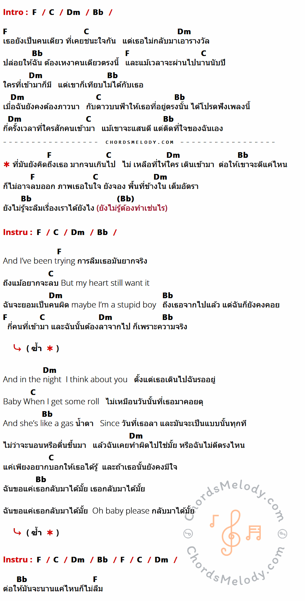 เนื้อเพลง เจ้าของที่ (My Favorite) ของ Mirrr ที่มีคอร์ดกีต้าร์ F,C,Dm,Bb