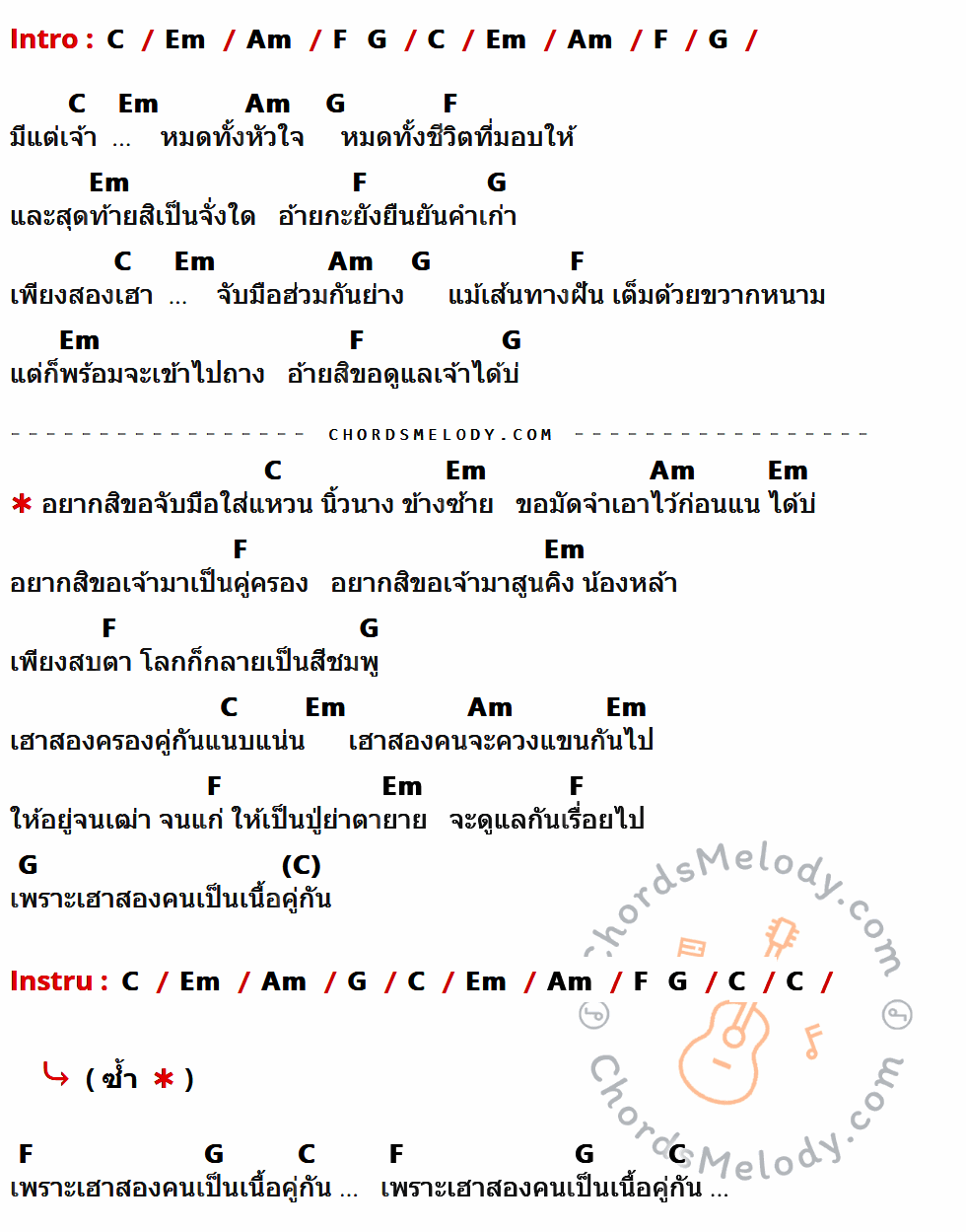 เนื้อเพลง เนื้อคู่ ของ ลำเพลิน วงศกร ที่มีคอร์ดกีต้าร์ C,Em,Am,F,G