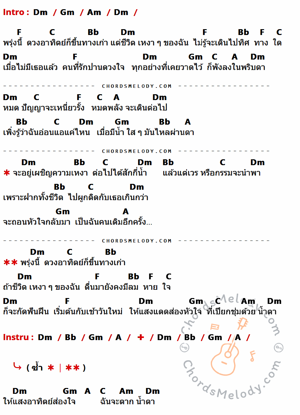 เนื้อเพลง ตากน้ำตา ของ พจน์ สุวรรณพันธ์ ที่มีคอร์ดกีต้าร์ Dm,Gm,Am,F,C,Bb,A