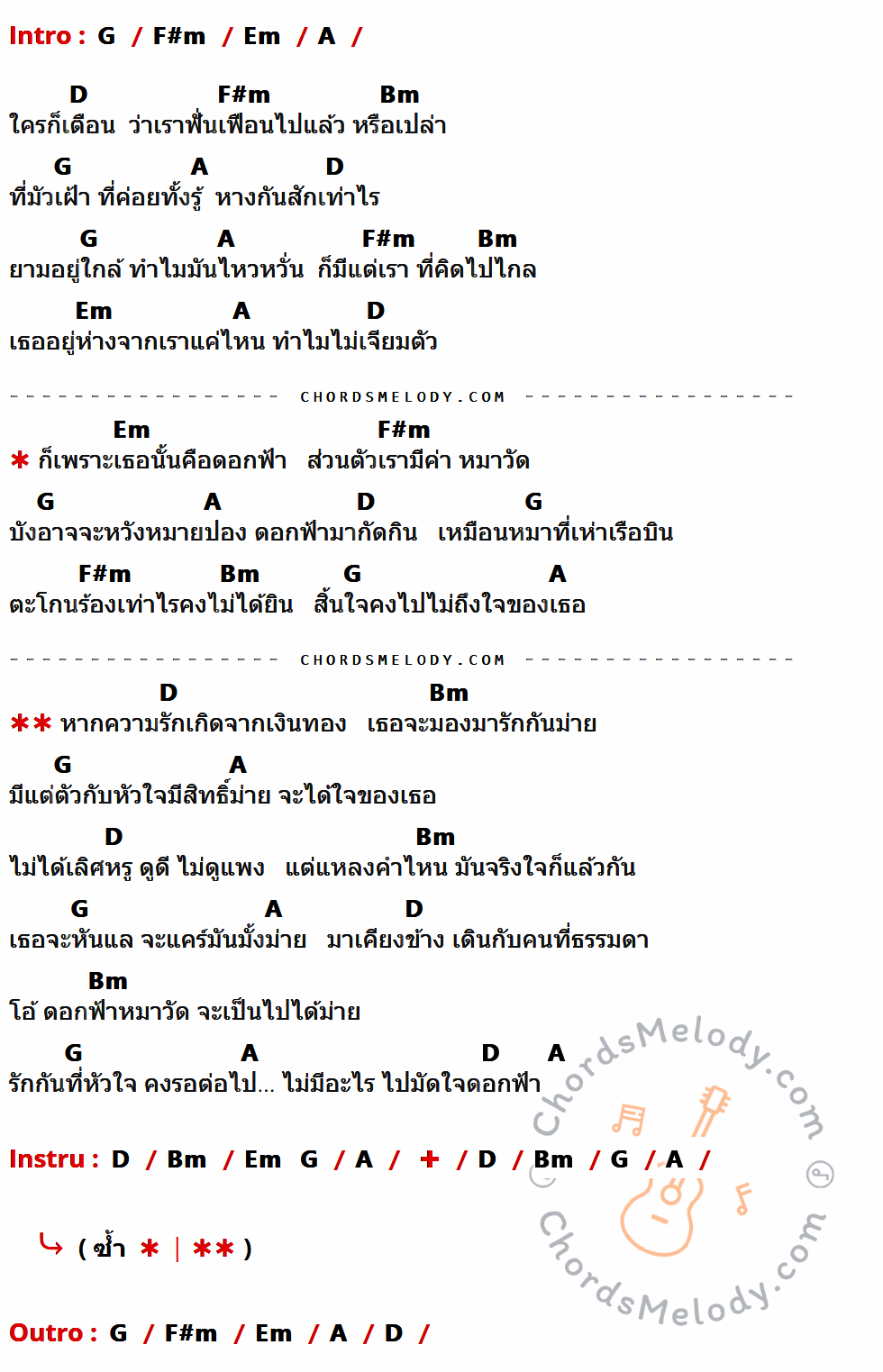 เนื้อเพลง ดอกฟ้า ไอ้หมาวัด ของ ลูกดรีม วงสำราญ ที่มีคอร์ด ในกลุ่มคีย์ G,F#m,Em,A,D,Bm ประกอบ
