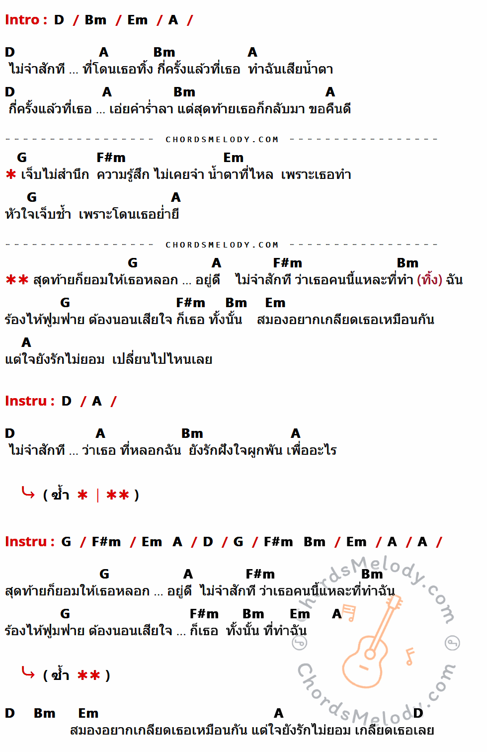 เนื้อเพลง เกลียดไม่ลง ของ ฝน พรสุดา ที่มีคอร์ดกีต้าร์ D,Bm,Em,A,G,F#m