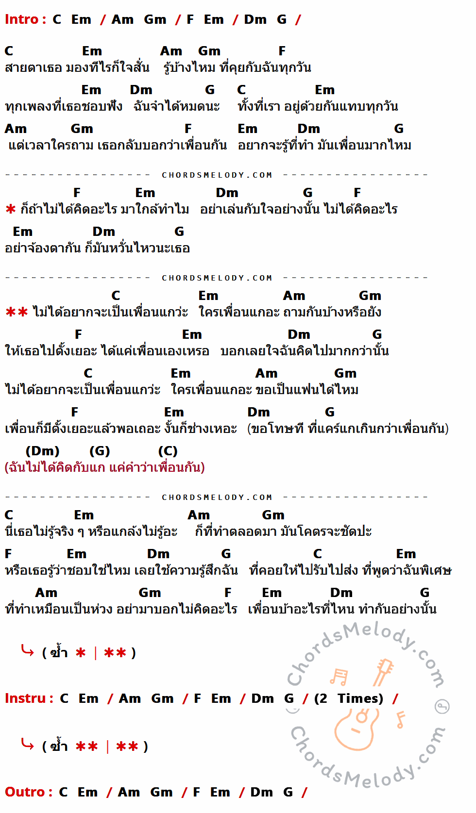 คอร์ดเพลง ใครเพื่อนแก (Unfriend Zone) - Bamm เนื้อร้อง มีคอร์ดกีต้าร์ ในกลุ่มคีย์ C,Em,Am,Gm,F,Dm,G กำกับ