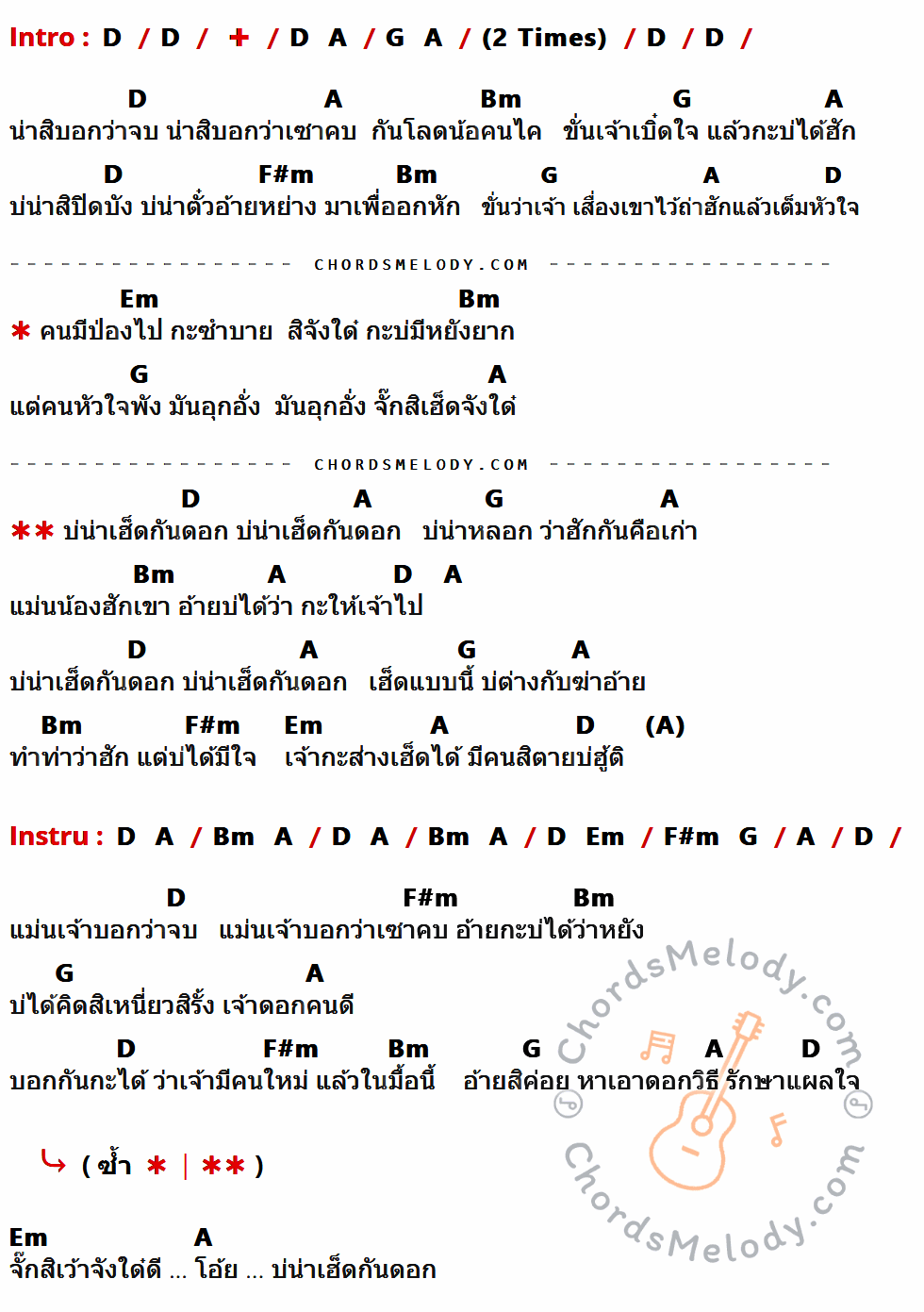 เนื้อเพลง บ่น่าเฮ็ดกันดอก ของ แสน นากา มีคอร์ดกีต้าร์ ในคีย์ที่ต่างกัน D,A,G,Bm,F#m,Em