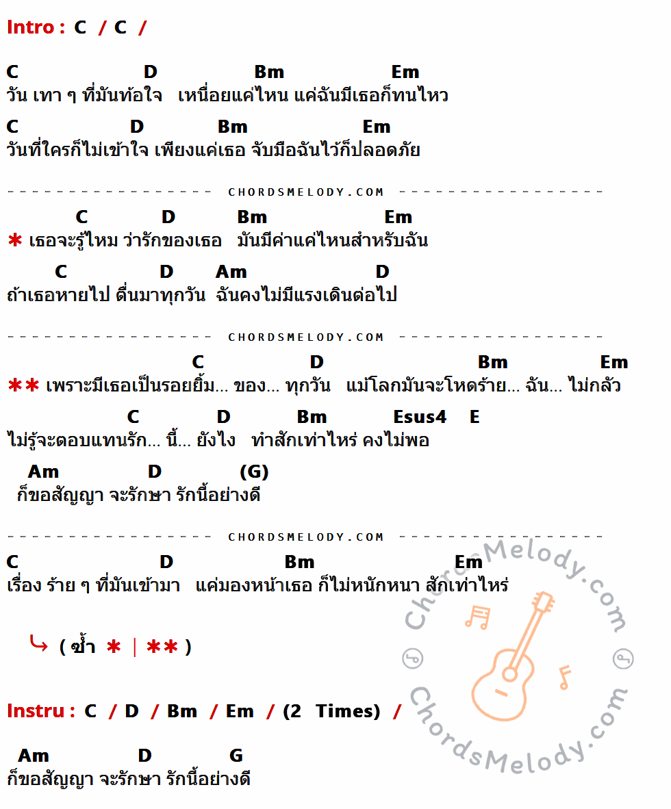 เนื้อเพลง รอยยิ้มของทุกวัน ของ First Anuwat มีคอร์ดกีต้าร์ ในคีย์ที่ต่างกัน C,D,Bm,Em,Am,Esus4,E,G